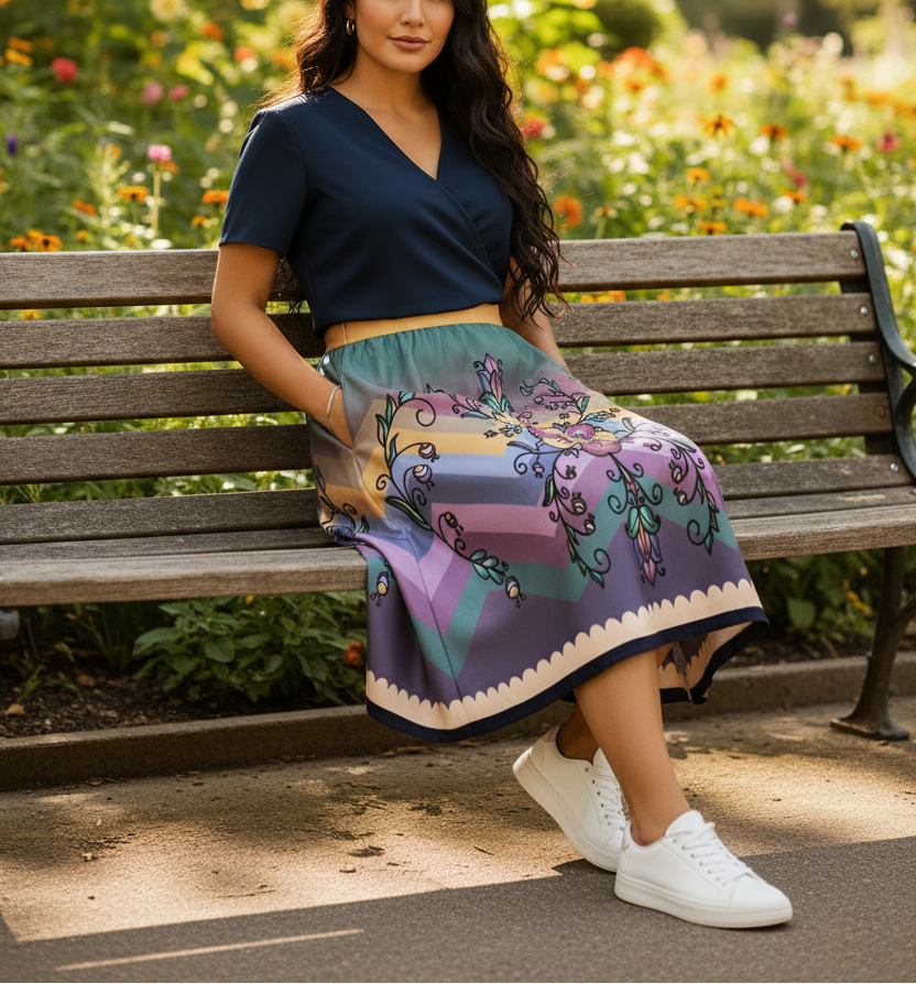 Rust & Ember Flower Song 05 Elastic Waist Pocket Midi Skirt