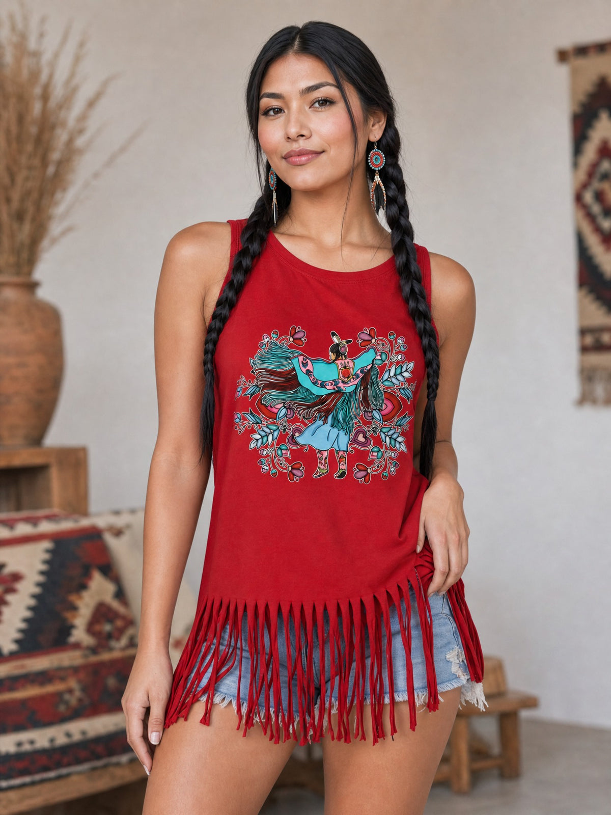 Large Size Tank Top with Fringe Accent