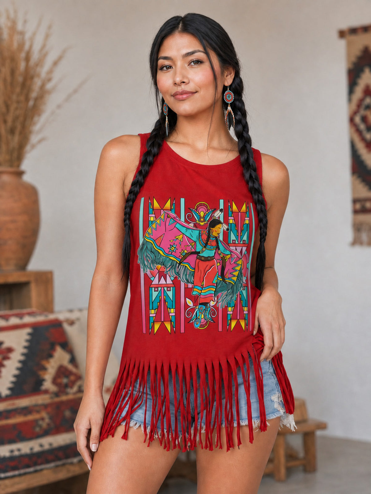 Large Size Tank Top with Fringe Accent 05