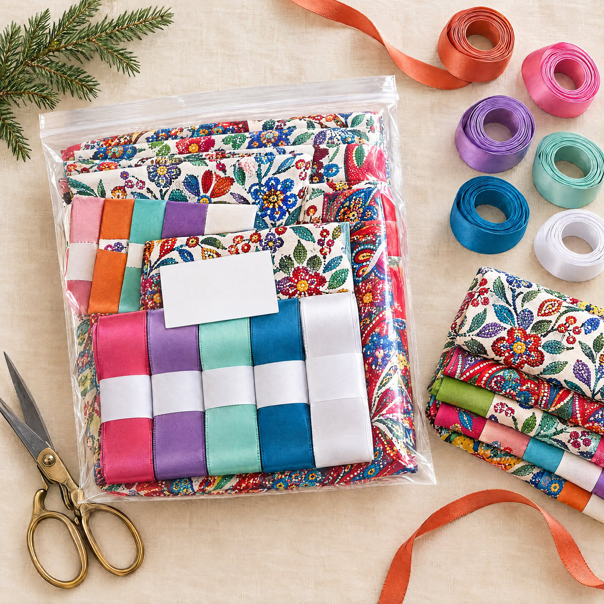 Ribbon skirt grab bag with folded print fabric and satin ribbon bundles
