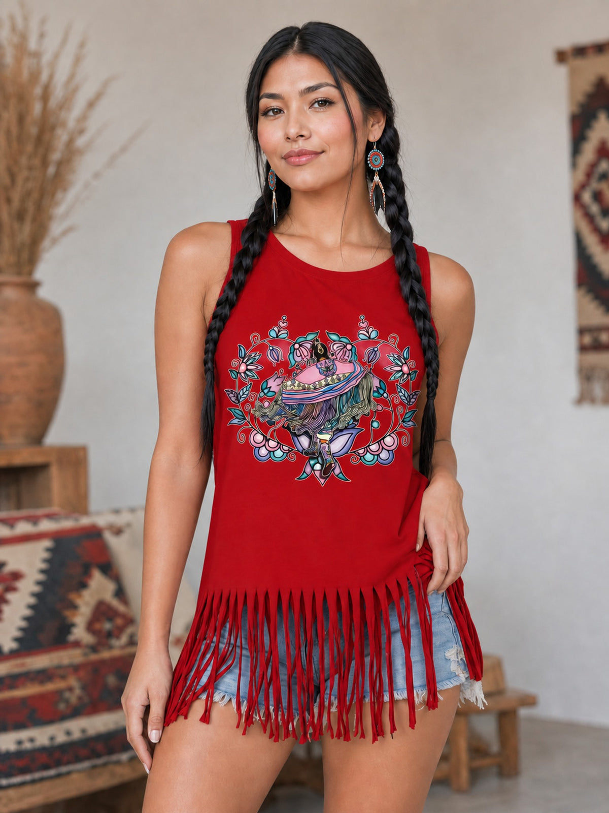 Large Size Tank Top with Fringe Accent