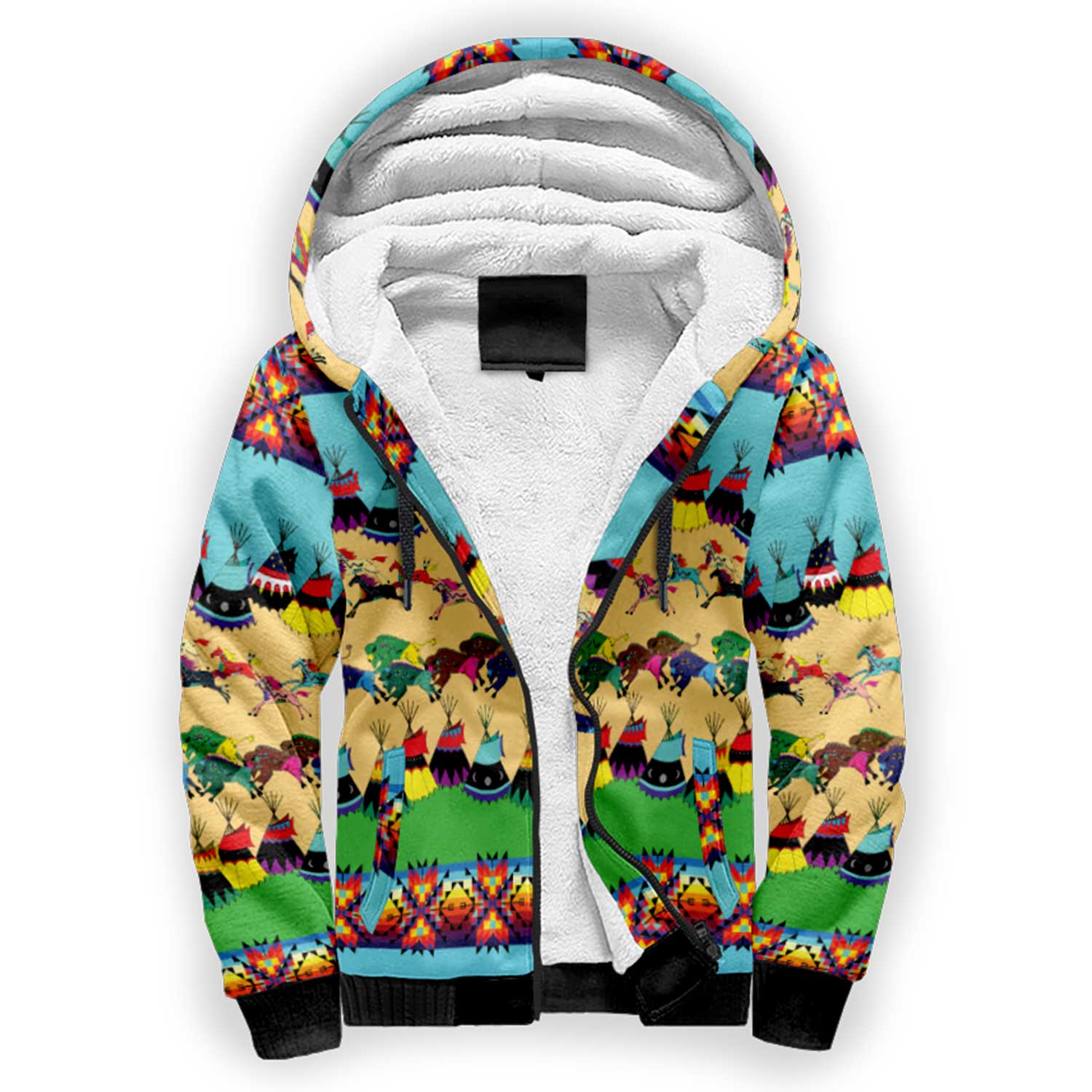 Horses and Buffalo Ledger Turquoise Sherpa Hoodie