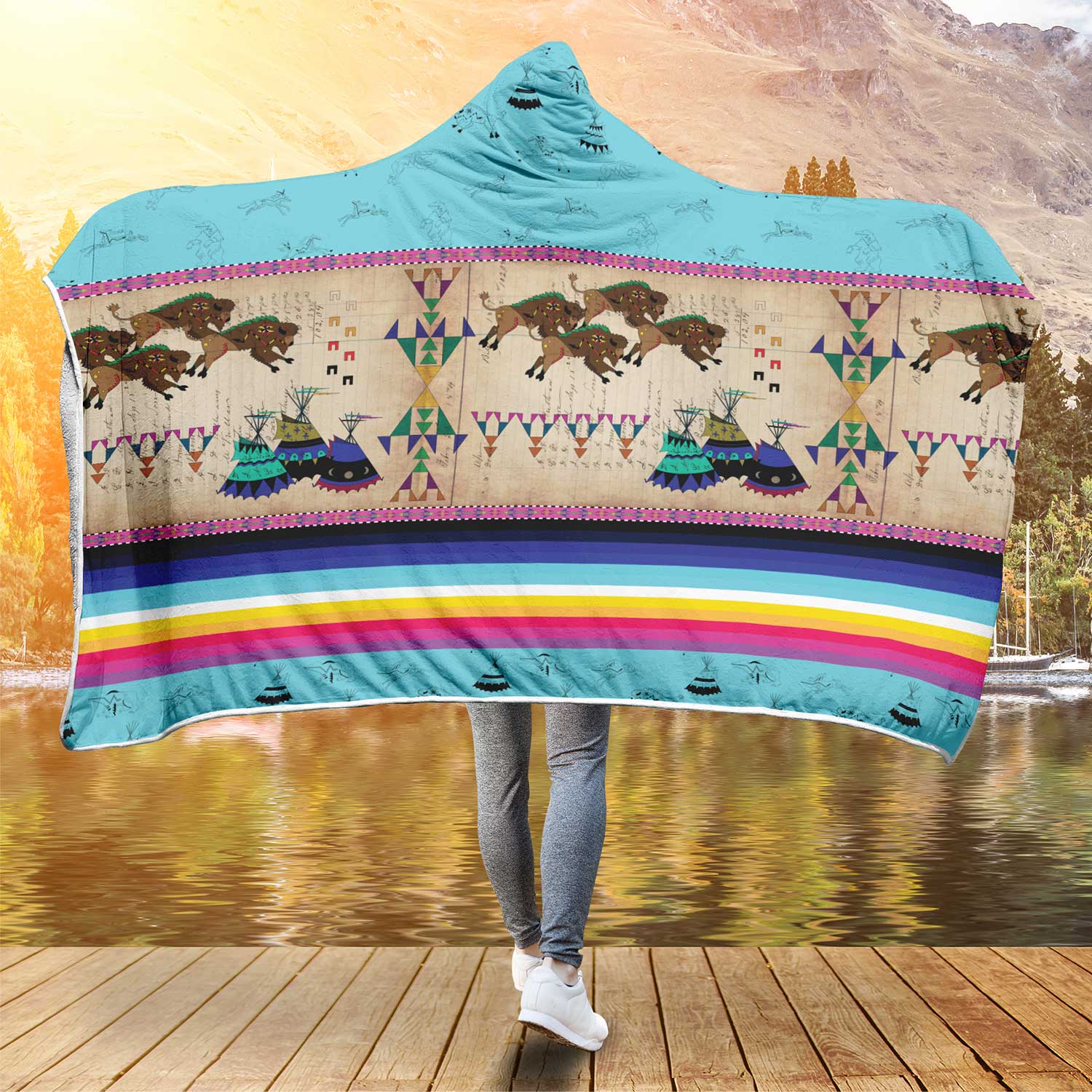 Buffalos Running Sky Hooded Blanket