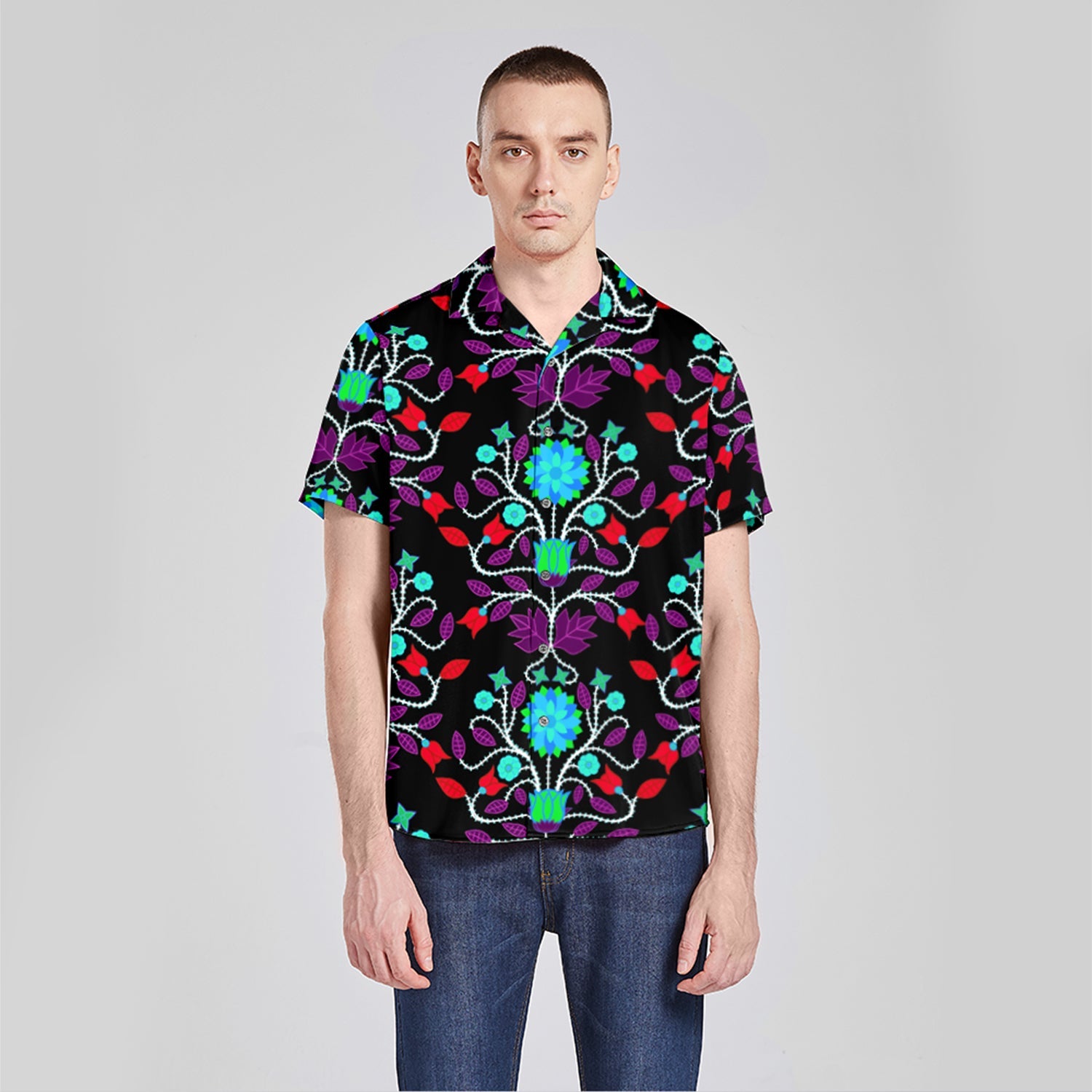 Floral Beadwork Four Clans Winter Men's Casual Button Up Silk Shirt