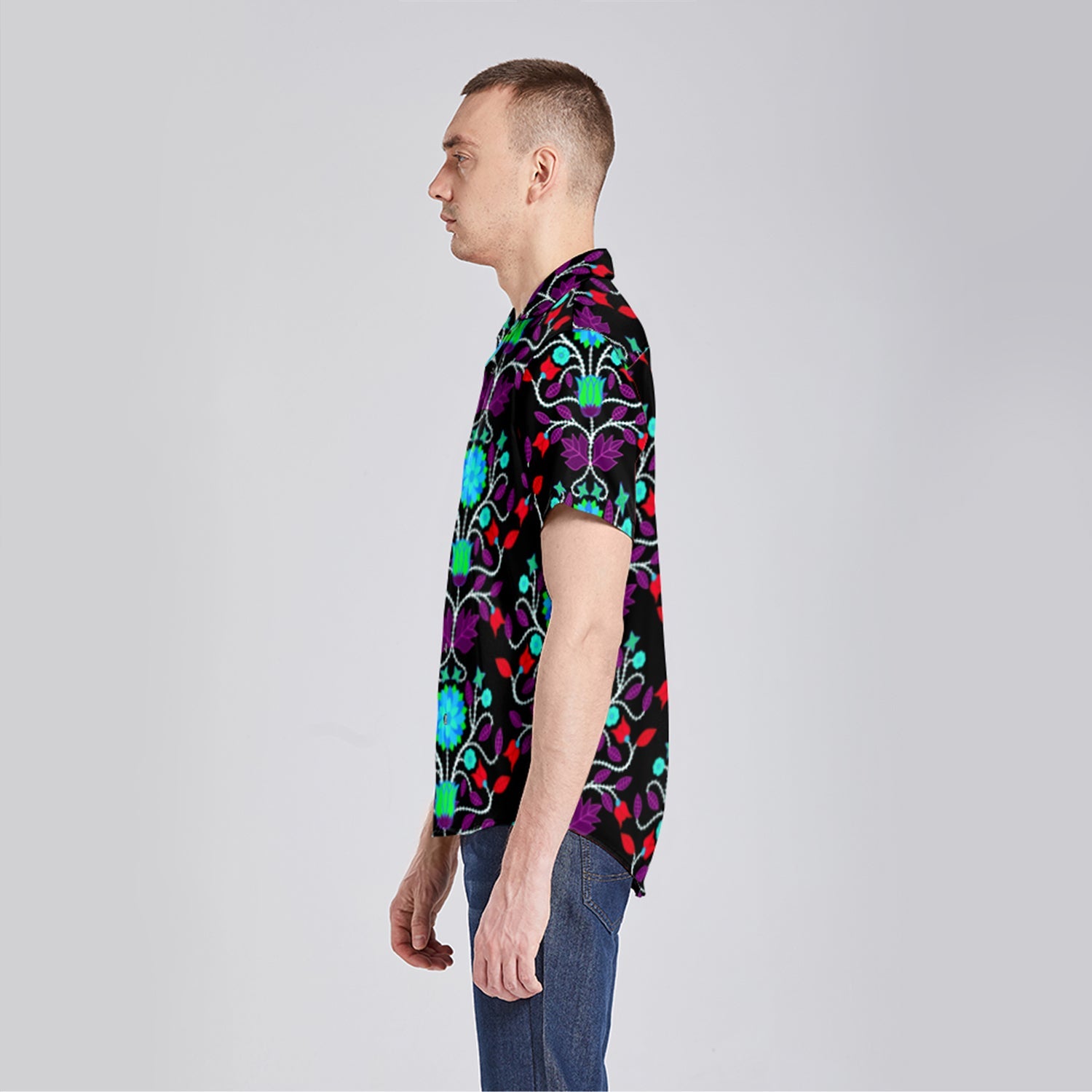 Floral Beadwork Four Clans Winter Men's Casual Button Up Silk Shirt