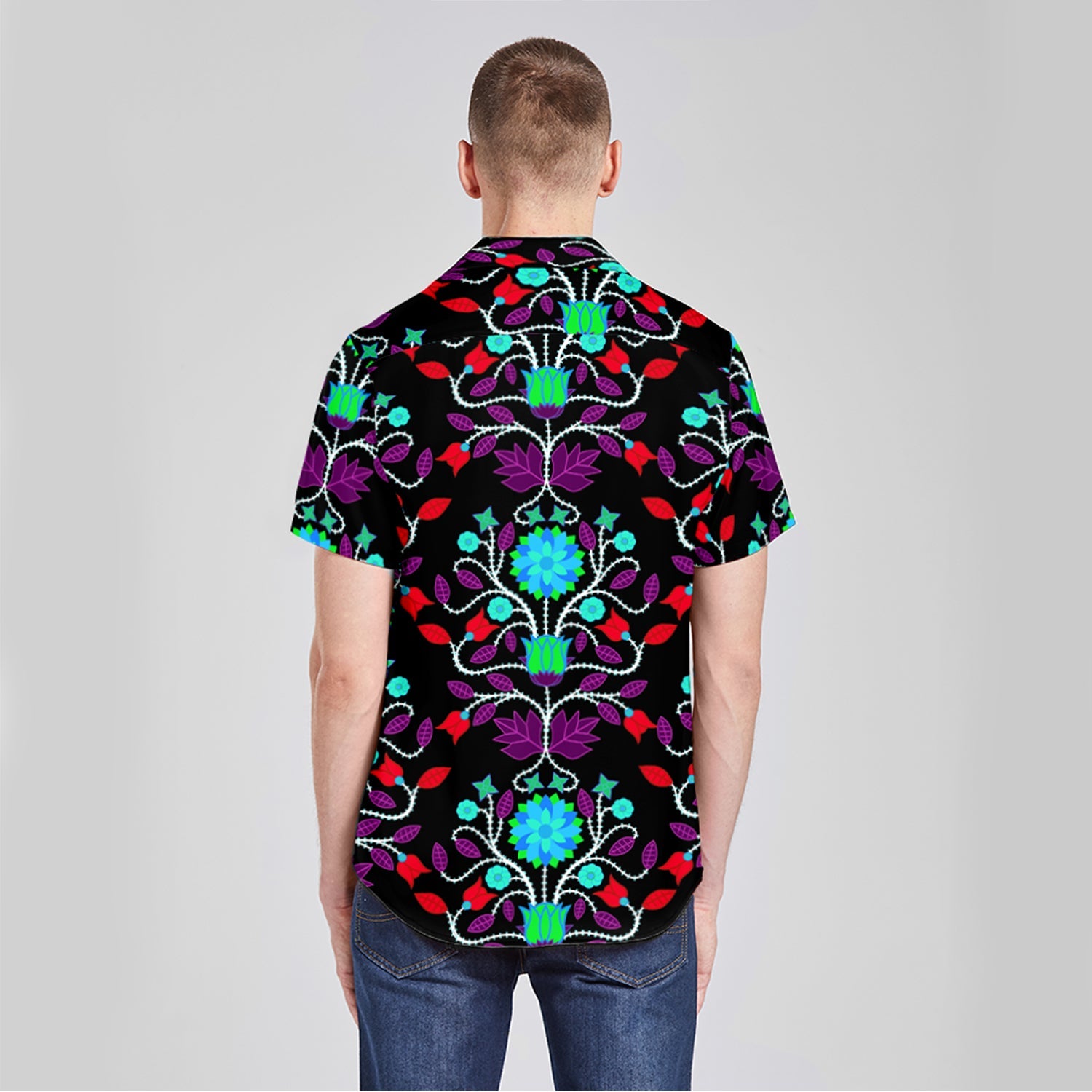 Floral Beadwork Four Clans Winter Men's Casual Button Up Silk Shirt