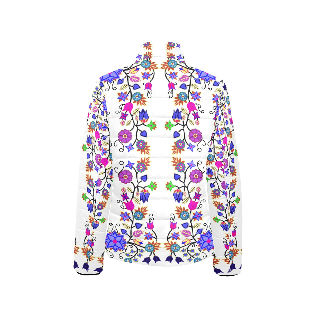 Floral Beadwork Four Clans White Women's Stand Collar Padded Jacket