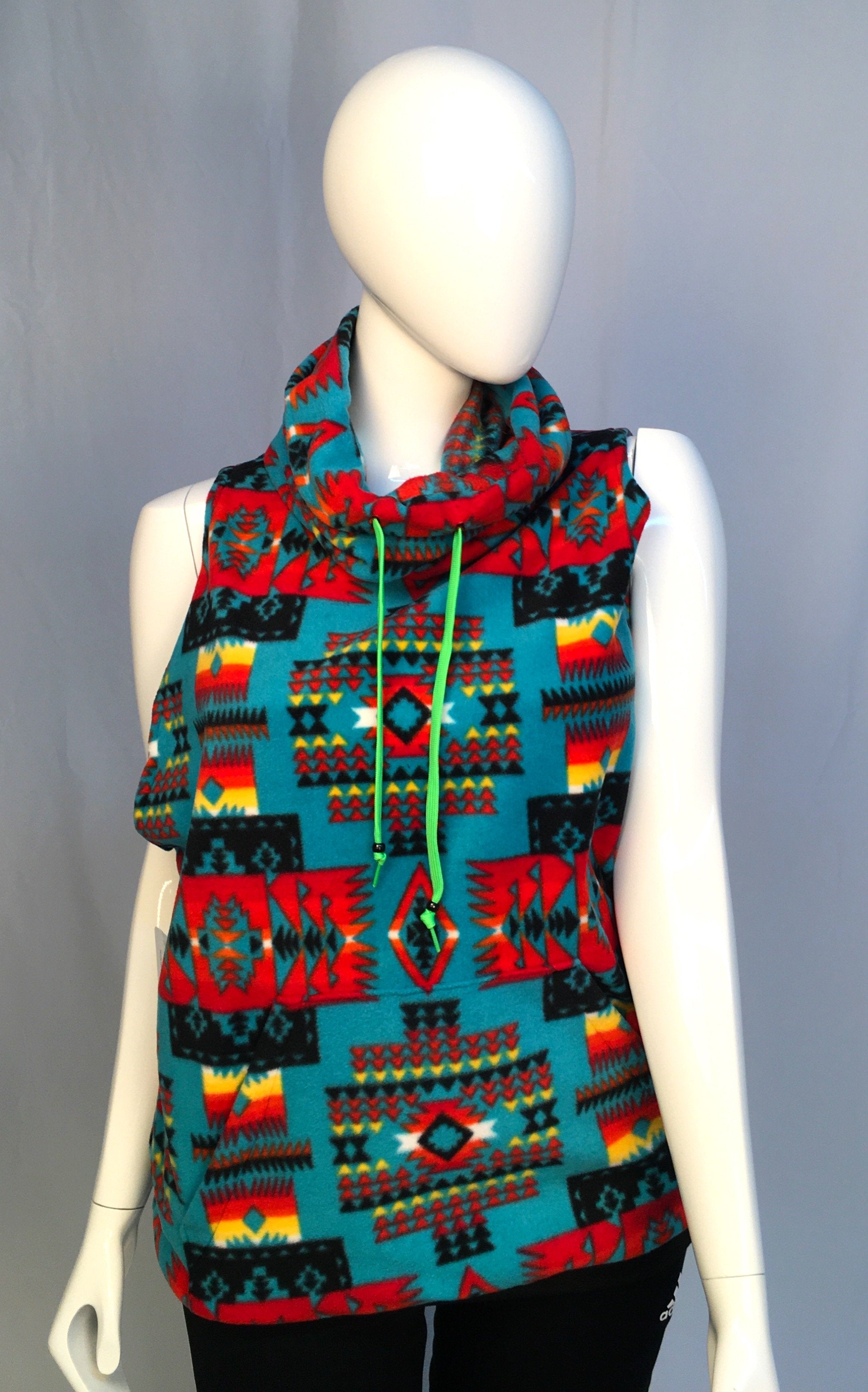 Indigenous Handmade Cowl Neck Sleeveless Fleece Sweater Teal