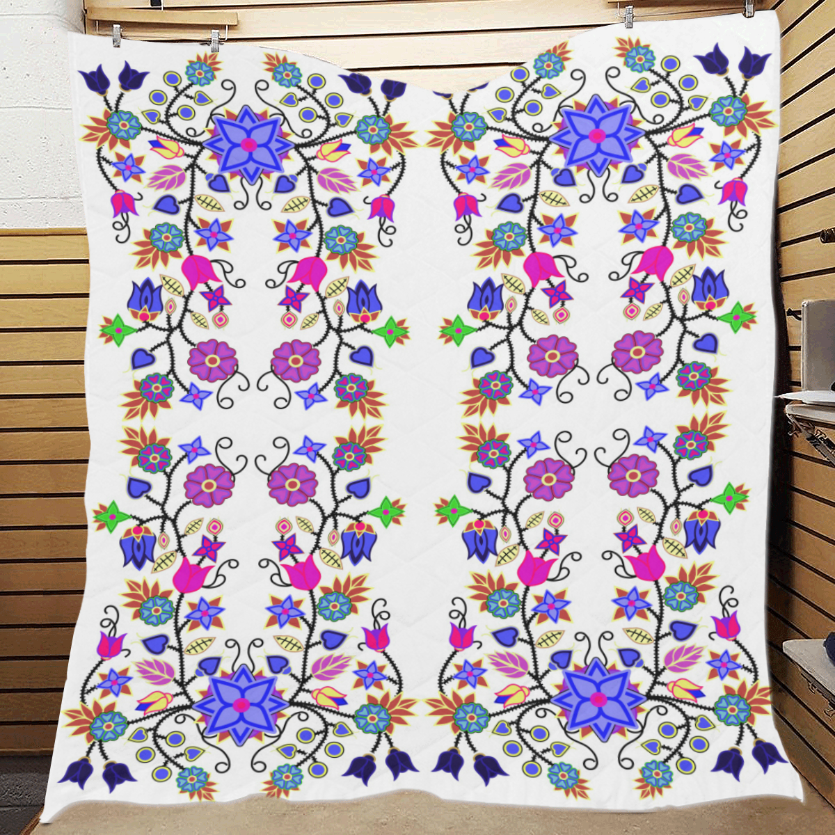 Floral Beadwork Seven Clans White Quilt 70"x80"