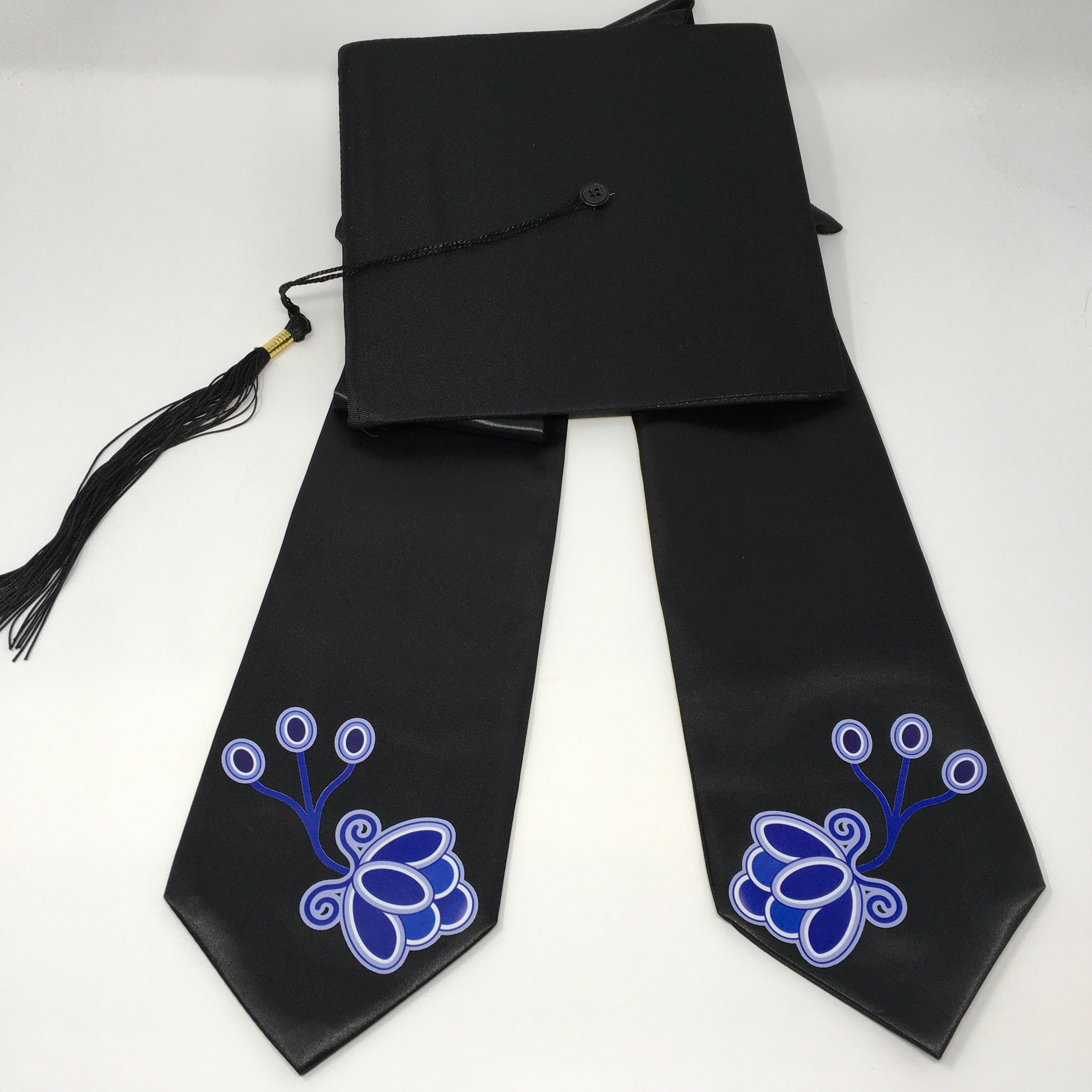 Black Graduation Stole with Blue Floral Amour Flower