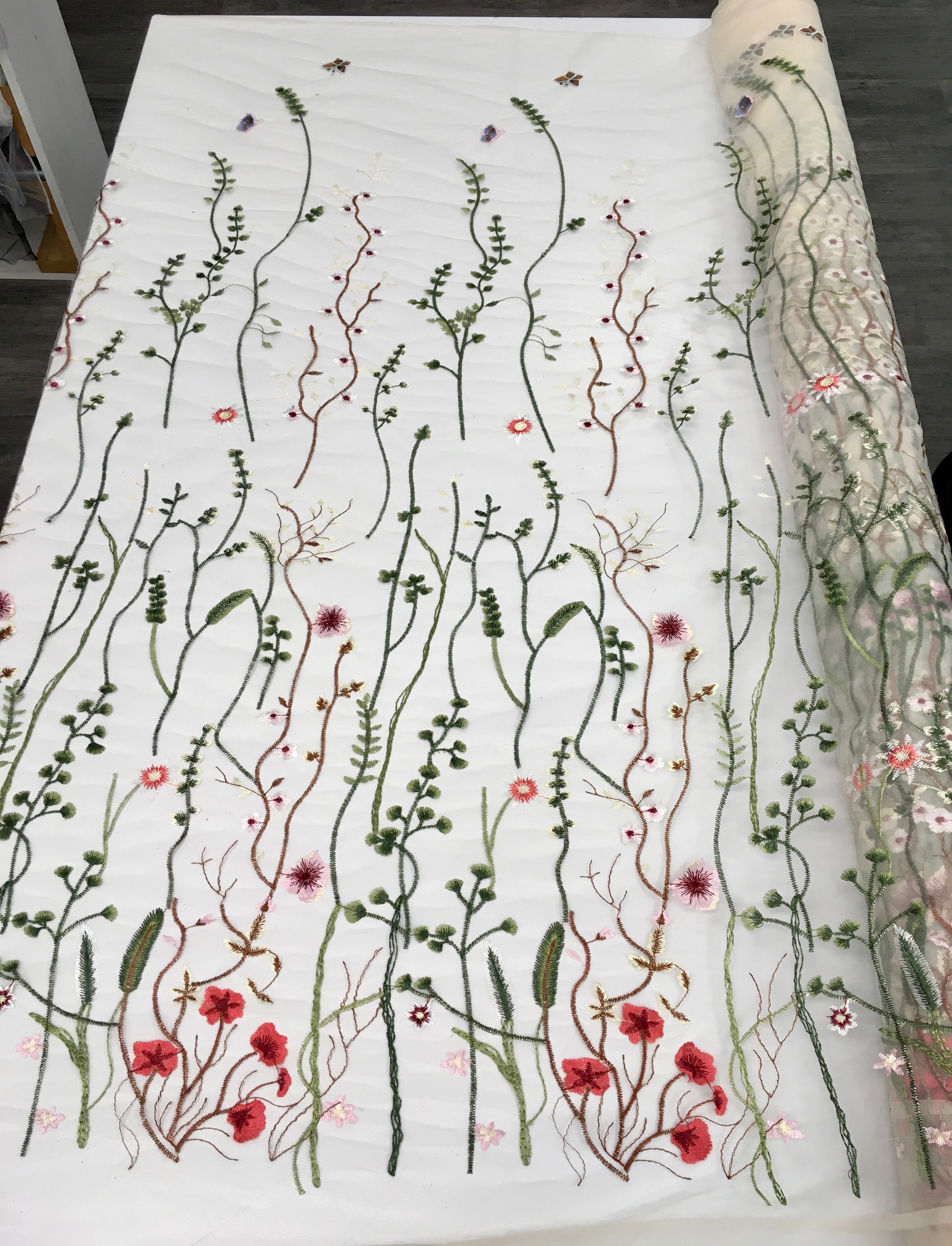 60 inch Floral Embroidered Overlay Tulle- Tan Tulle with Red Green Flowers