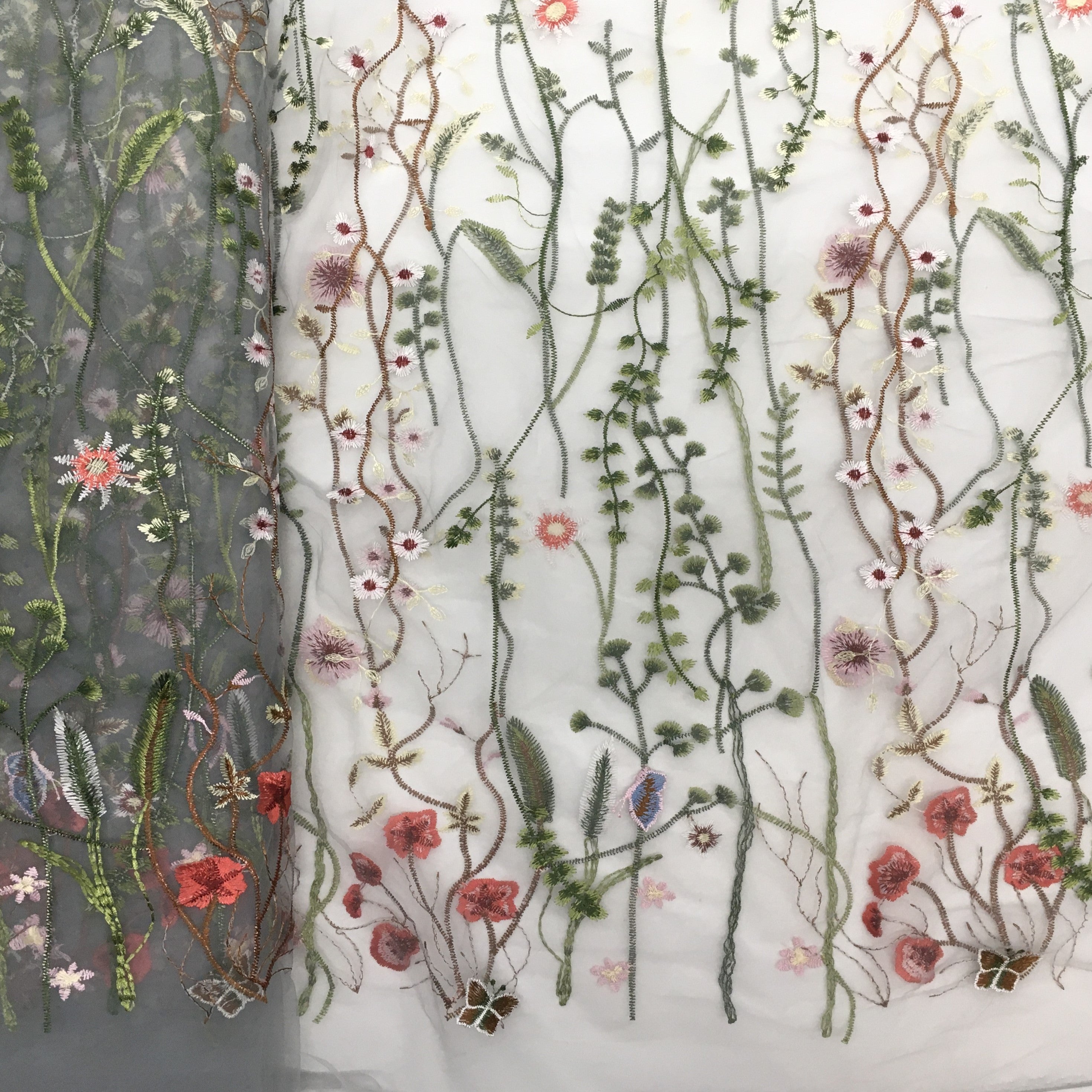 60 inch Floral Embroidered Overlay Tulle- Gray Tulle with Red Green Flowers