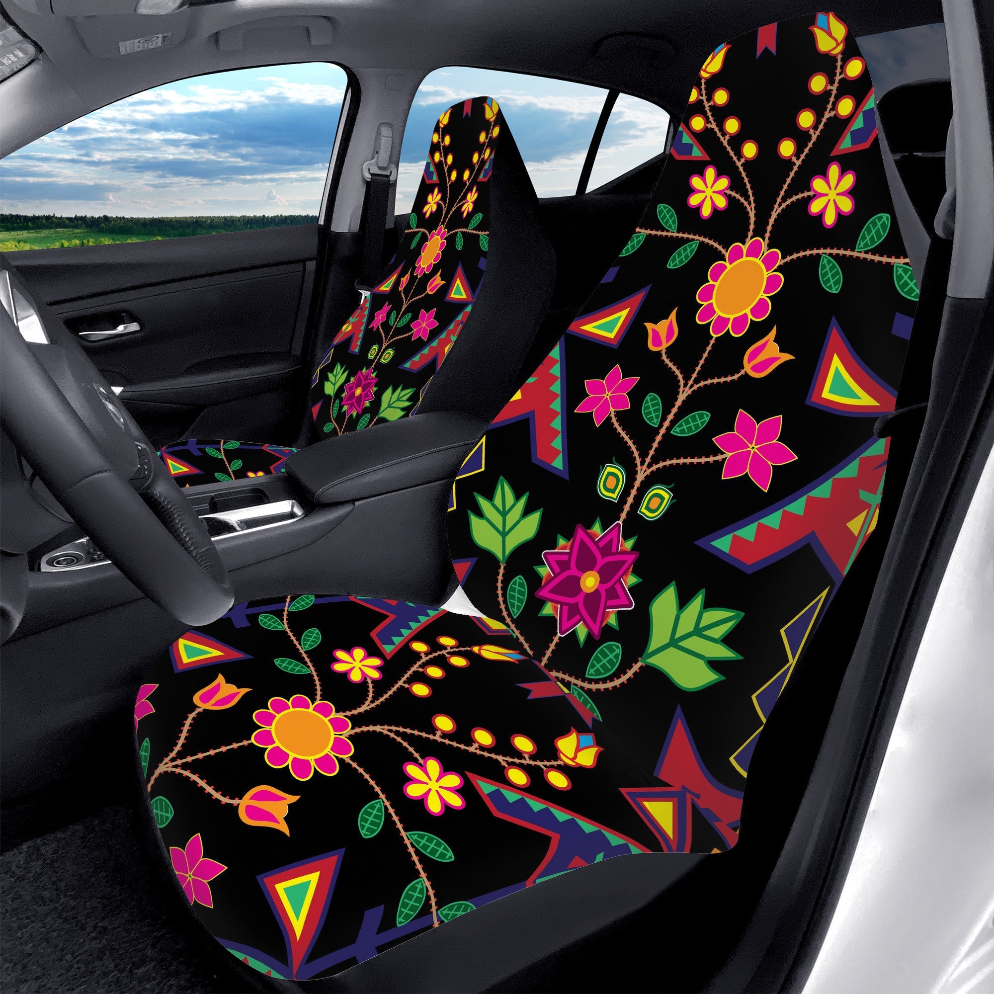 Geometric Floral Spring Black Car Seat Covers (Set of 2)